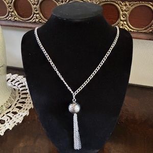 Silver tone ball and tassel pendant chain link necklace